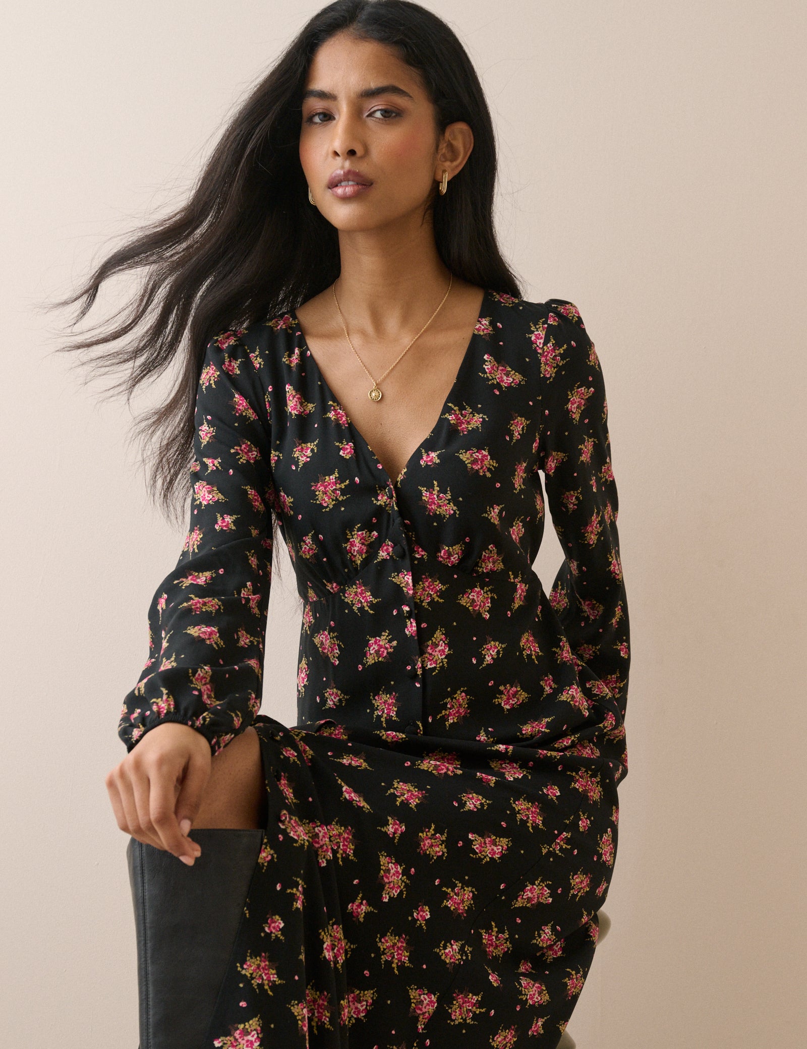 Black Polka Dot Balloon Sleeve Sofia Midi Dress | Nobody's Child